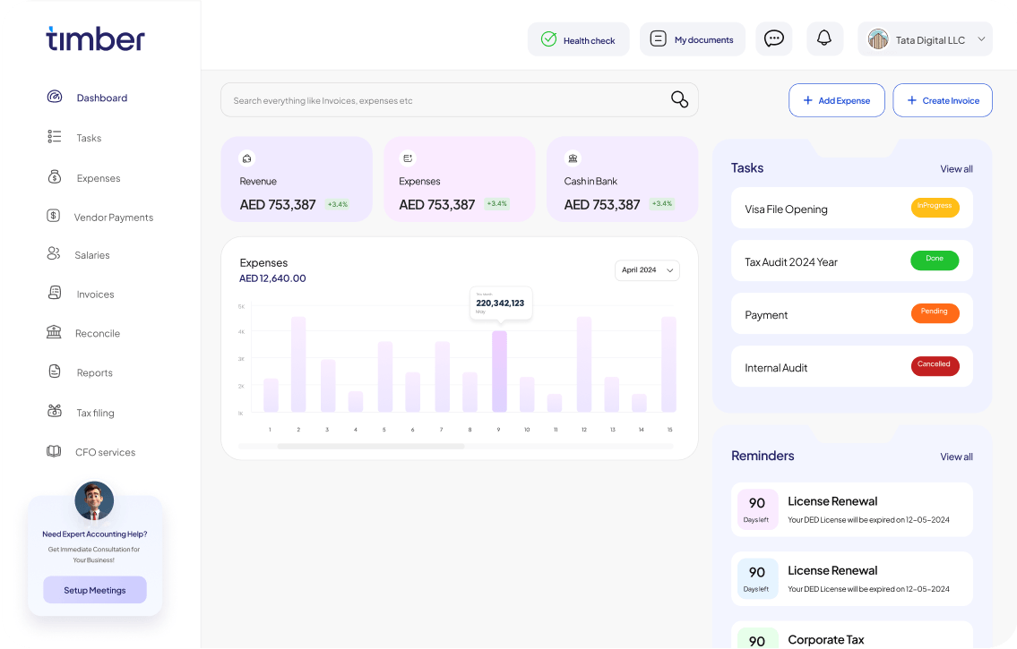 Timber accounting services dashboard interface