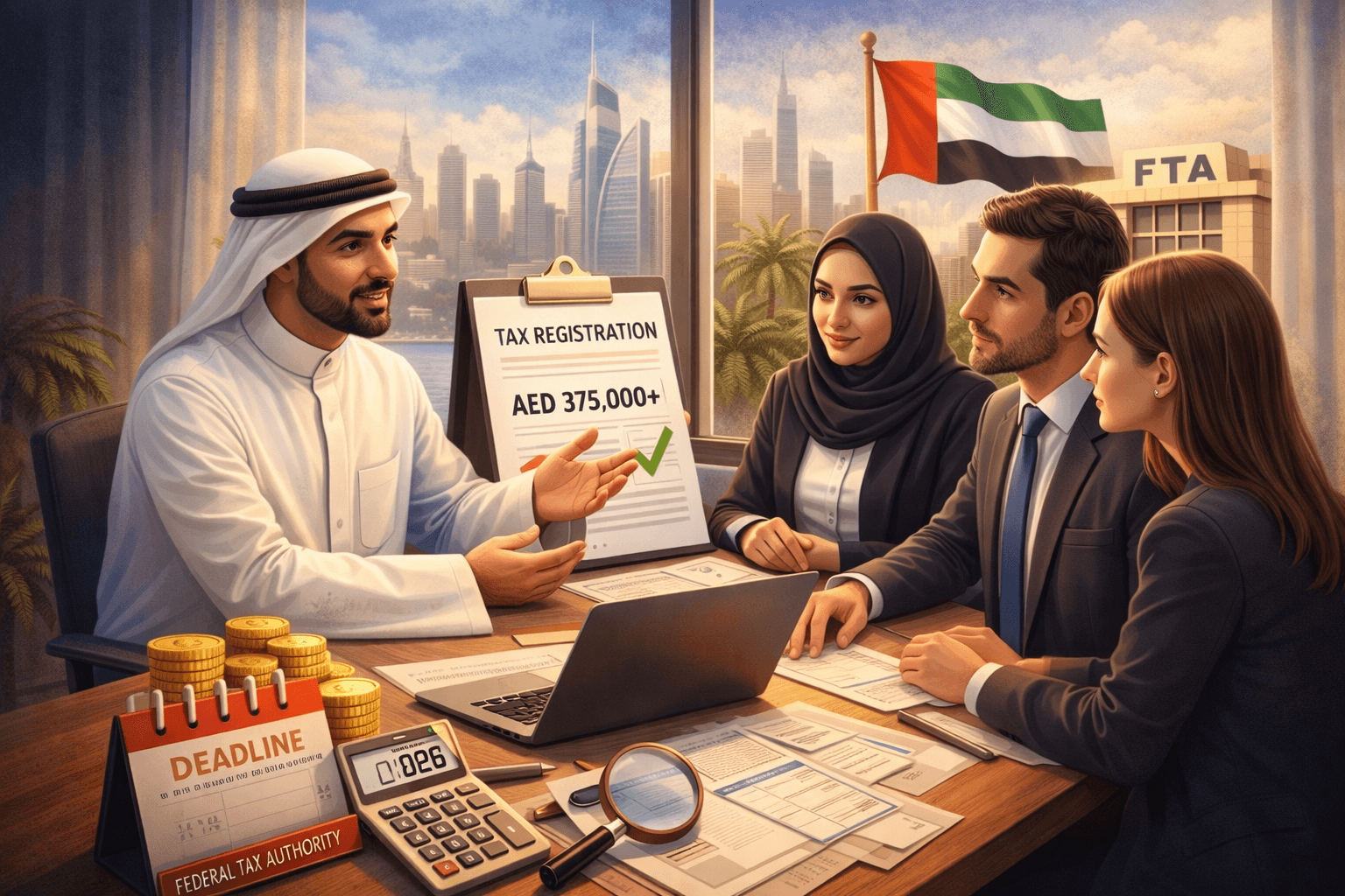 UAE tax consultant explaining corporate tax registration and AED 375,000 threshold to SME owners
