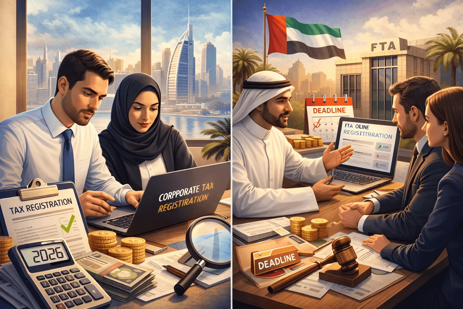 Corporate tax registration in UAE 2026 showing FTA building, deadlines, and business compliance